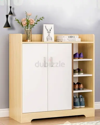Wooden Shoe Cabinet with Side Shelves and Top Storage - Light Oak  White