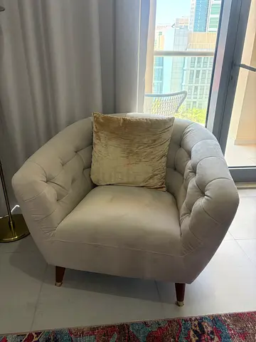 Beige Tufted Velvet Accent Armchair with Cushion