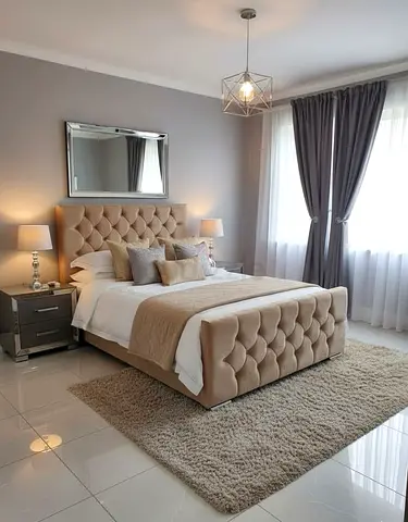 Queen tufted upholstered bed with headboard and footboard - beige