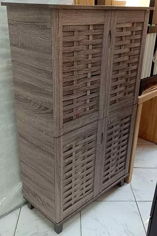 Wooden Wicker-Style Storage Cabinet — Compact 2-Tier Cupboard