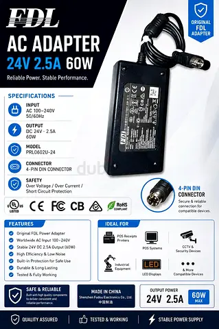 FDL 24V 2.5A 60W AC Adapter with 4-pin DIN Connector