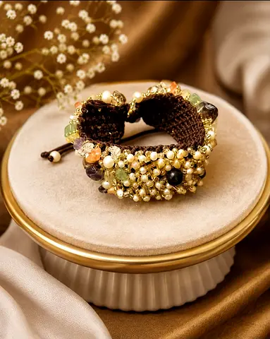 Handmade Beaded Crochet Bracelet with Mixed Gemstones and Pearls. Unique elegant design.