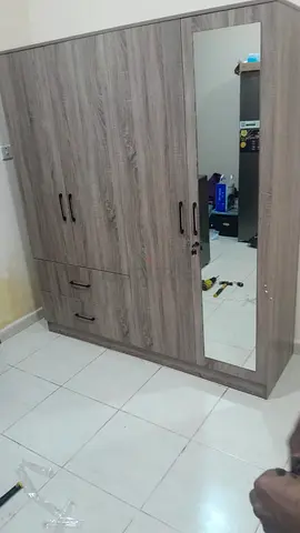 4-Door Wardrobe with Mirror – Grey Wood Finish, Good Condition