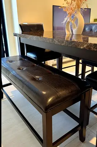 Marble-top Dining Table with Leather Bench and Chairs - Good Condition