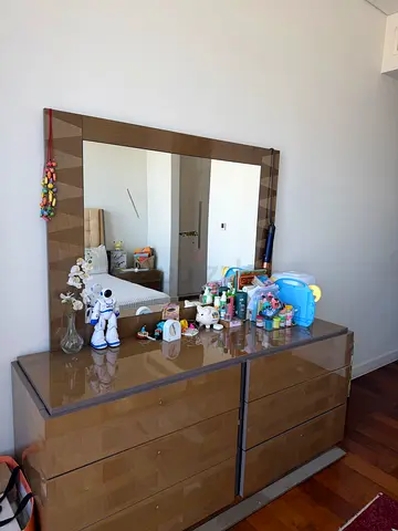 Modern Glossy Brown Dresser with Large Matching Mirror