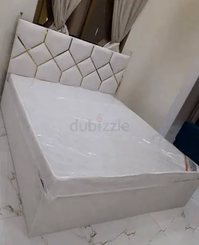 Modern White Bed Queen Size 150x190 bed with mattress medical with Geometric Gold Trim Headboard