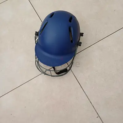 Blue cricket helmet with grille