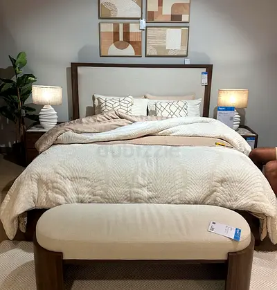 Beautiful Wooden Bed Frame with Upholstered Headboard – Move-Out Sale