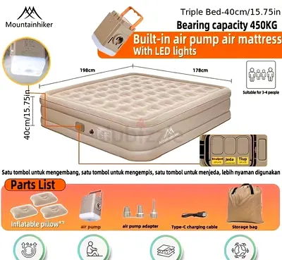 Mountainhiker Inflatable Triple Air Mattress with Built-in Pump  LED — 198x178x40cm
