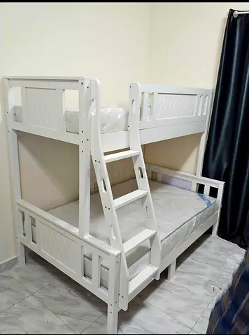 Solid Wood White Bunk Bed with Ladder - Double Lower, Single Upper (Good Condition)