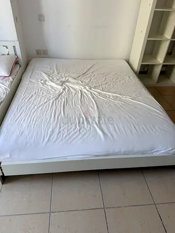 White wooden double bed frame with storage headboard - good condition