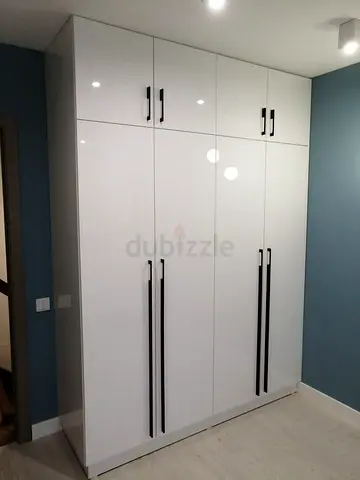 White Gloss Built-in Wardrobe with Tall Black Handles