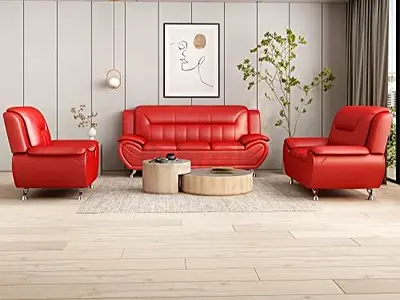 Red Leather 3-Piece Sofa Set — Modern Living Room Set (Sofa + 2 Armchairs)