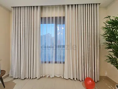 Full-Length Beige Curtains with Sheer Liner - Like New