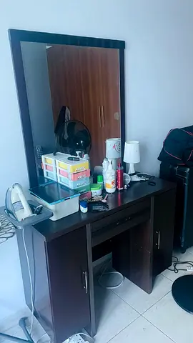 Dark Wood Dressing Table with Mirror and Storage Cabinet