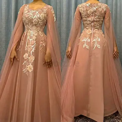 Blush Pink Embroidered Evening Gown with Sheer Cape Sleeves wedding/prom dress
