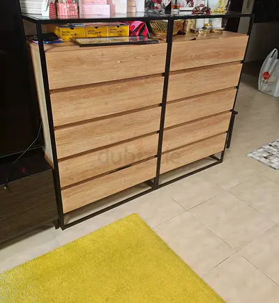 Pair of Modern Oak Finish Drawer Cabinets with Metal Frame