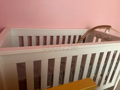 White Wooden Baby Crib with Mobile - Good Condition