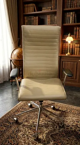 Beige High-Back Office Chair with Adjustable Arms and Wheels