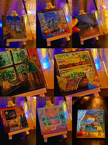 Collection of breathtakingly beautiful Miniature hand-painted Canvas Paintings with wooden Easels