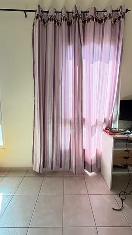 Light purple striped curtain set — 2 panels, good condition -4 pc - 9 ft length