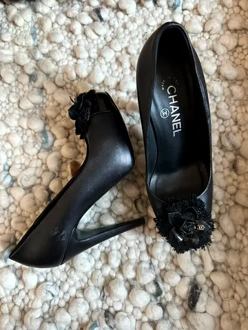 Chanel black camellia pumps + box