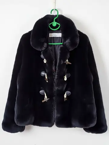 Black Faux Fur Short Coat with Toggle Buttons - Golden Goose