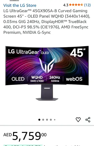LG UltraGear 45 Curved OLED Gaming Monitor (45GX90SA-B) - WQHD, 240Hz