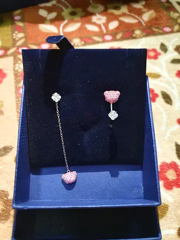 Pair of pink heart and crystal dangling earrings - gently used