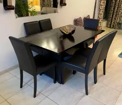 Dark Wood 6-Seater Dining Table with Upholstered Chairs (Good Condition)