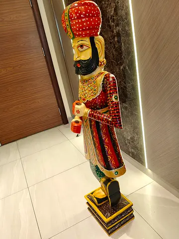 Hand-painted Indian Palace Guard Wooden Statue - Decorative Floor Stand height 4FT
