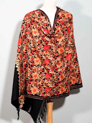 Black Wool Shawl with Red  Gold Floral Embroidery — Warm Kashmiri Style