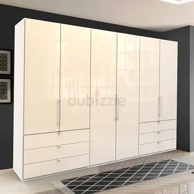 Large Modern Glossy 6-Door Wardrobe with Drawers - Cream