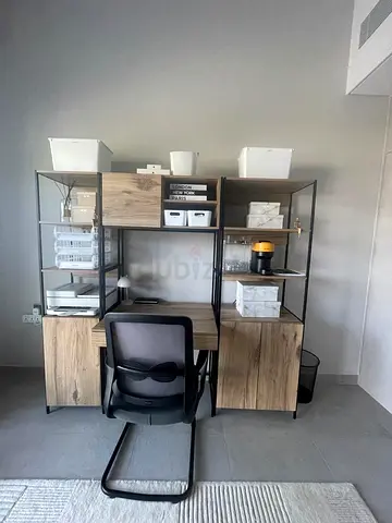 Wooden Home Office Desk with Shelving and Storage Cabinets