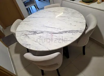 Round Marble Dining Table with Four Upholstered Chairs