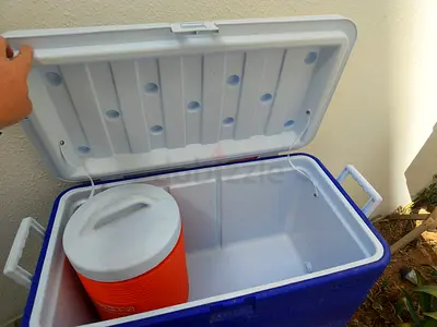 Large Blue Portable Cooler Box with Water Jug - Good Condition