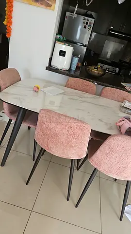 Marble-top Dining Table with 6 Pink Upholstered Chairs - Excellent Condition