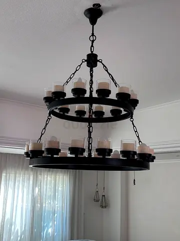 Modern Two Tier Matte Black Wagon Wheel Chandelier