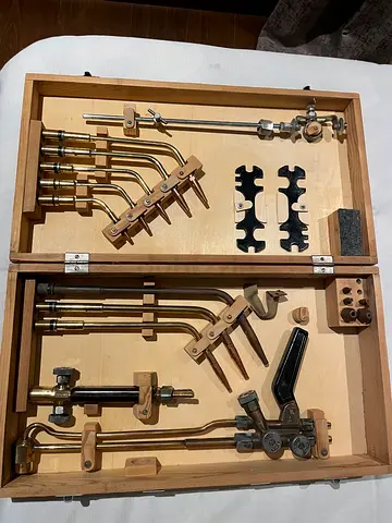 Set of oxy-acetylene cutting and brazing torches in wooden case