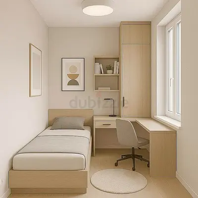 Single bedroom set with bed, desk and built-in wardrobe - light wood