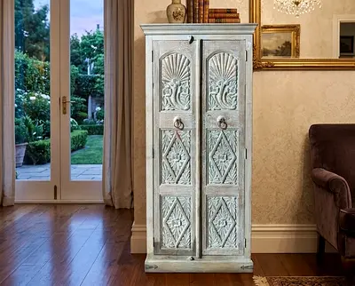 Traditional Carved Mango Wood Tallboy Cabinet with Ring Pulls