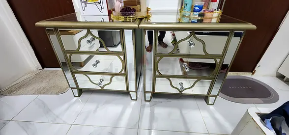 Pair of Mirrored Dressers with Gold Trim — 6 Drawers