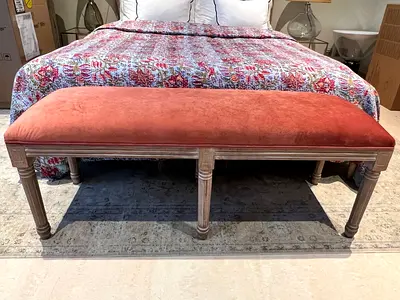 Solid wood upholstered bedroom bench — vintage-style, pink velvet