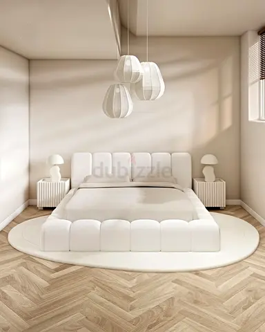 Minimalist White Upholstered Bed with Matching Nightstands (Set)