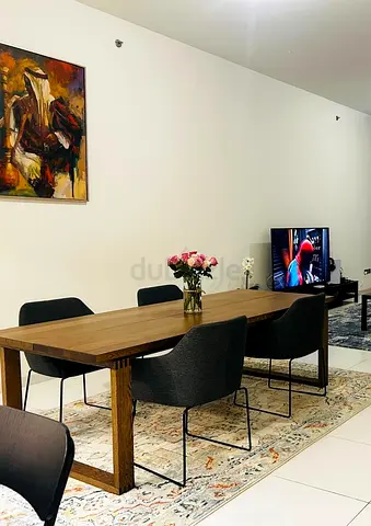 Solid Wood Dining Table with 6 Modern Fabric Chairs