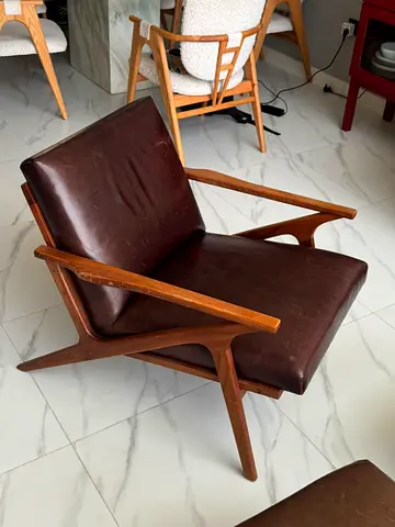 Crate  Barrel Mid-century Wooden Armchair with Brown Leather Cushions