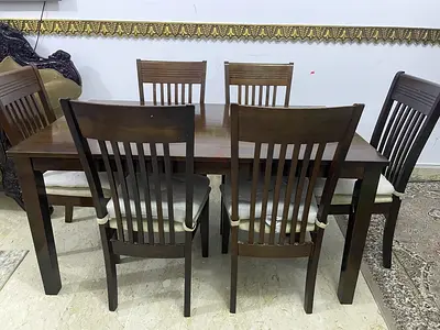 Solid Wood 6-Seater Dining Table with Chairs - Dark Brown