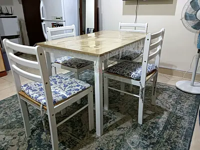 White Wooden Dining Table with 4 Chairs - Compact Set