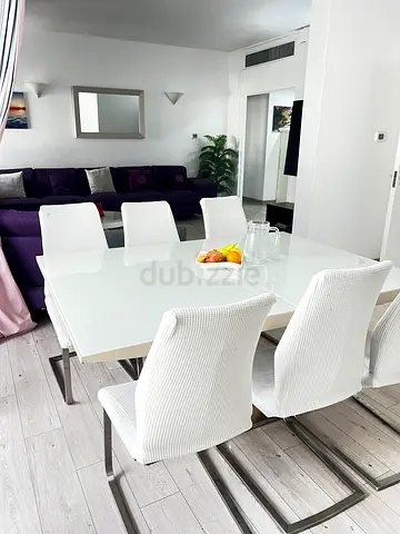 White glass dining table with 6 upholstered chairs - modern set