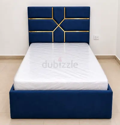 Single Bed Frame with Padded Blue Headboard and Mattress - Good Condition